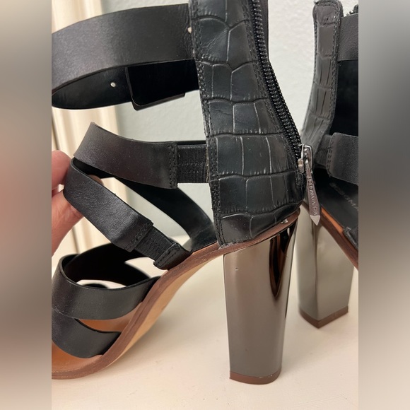 BCBG Max Azria black leather strappy sandal with chunky metallic heel. Size 8M. - Picture 7 of 7